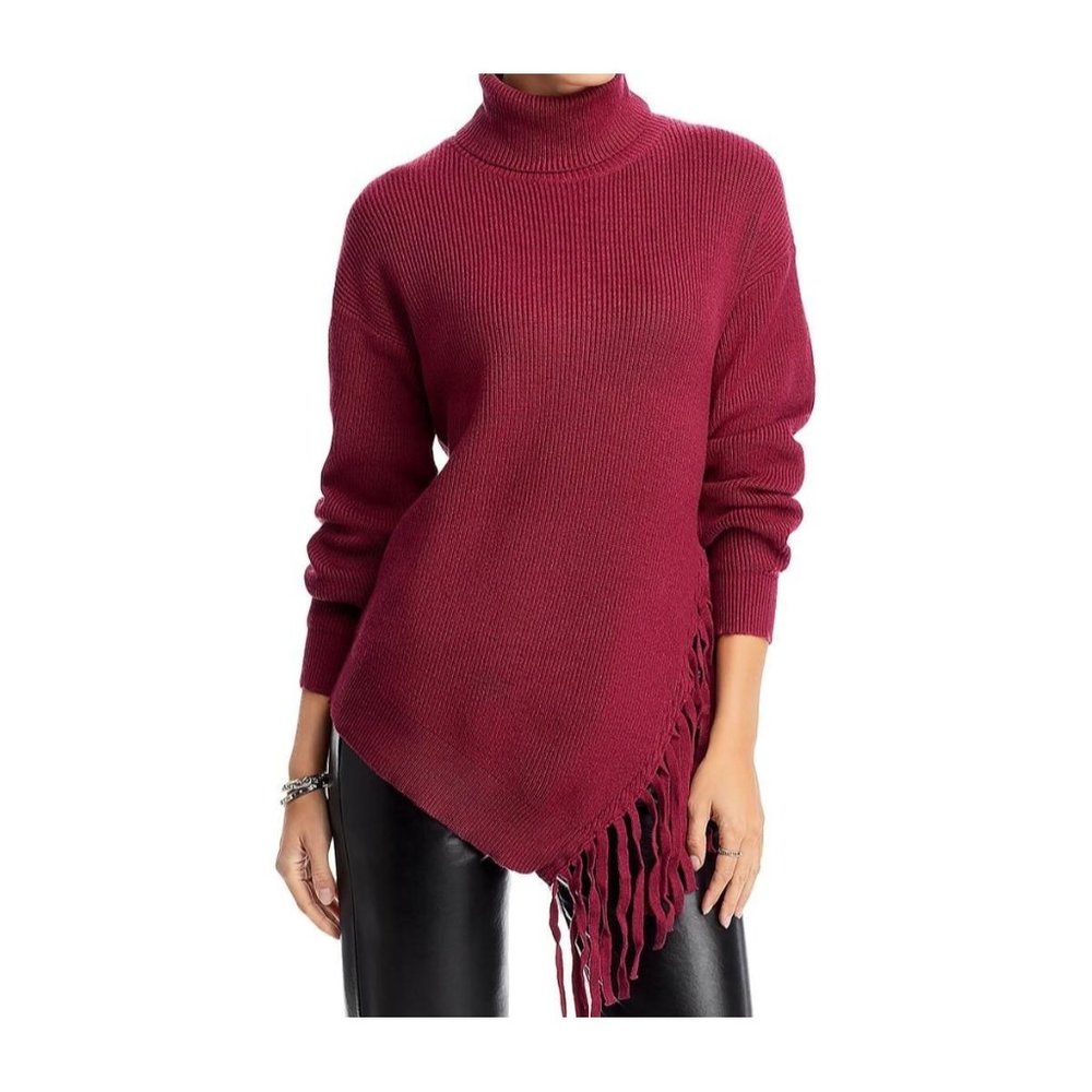 Greige Womens Burgundy Knit Turtleneck Sweater With Fringe Hem - XL NWT